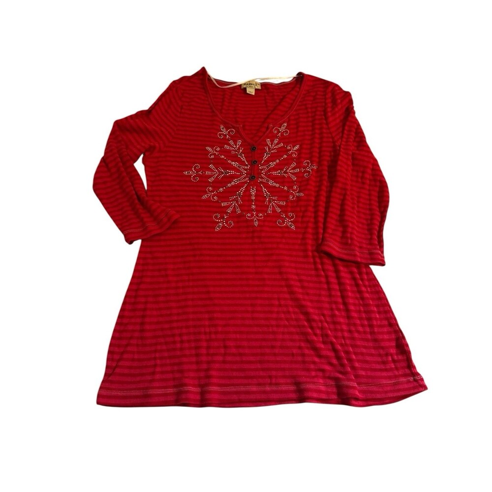 One World Womens Top Size Med Rhinestones Star Vneck Holiday Red Striped Shirt